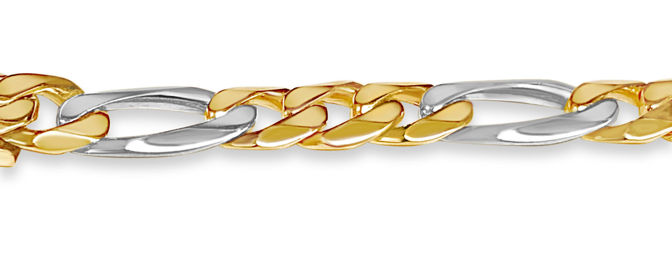 Figaro Solid White/Yellow/Rose Gold Handmade Bracelet , 9mm, 6.5-10 Inch