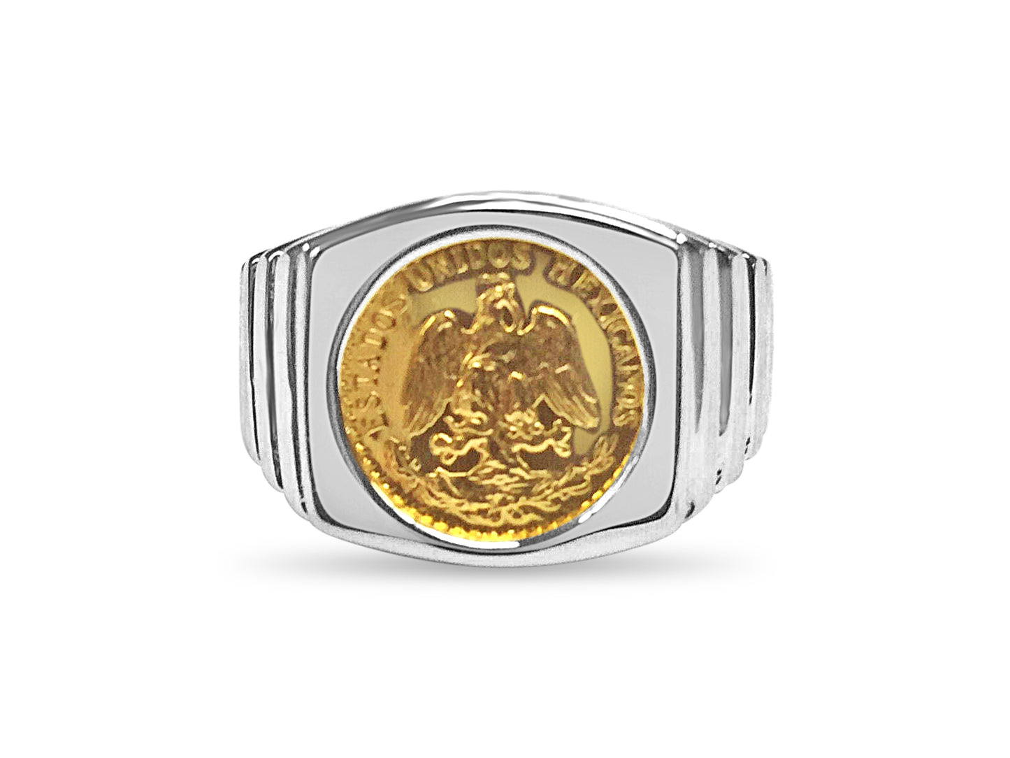 Fancy Solid White/Yellow/Rose Gold Handmade Coin Ring , Dos Pesos Coin ,