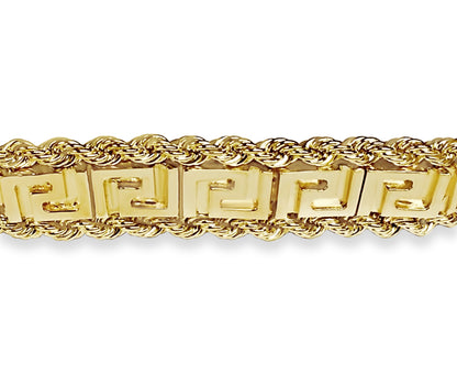 Rope & Greek Key Solid White/Yellow/Rose Gold Handmade Bracelet , 12mm, 6.5-10 Inch