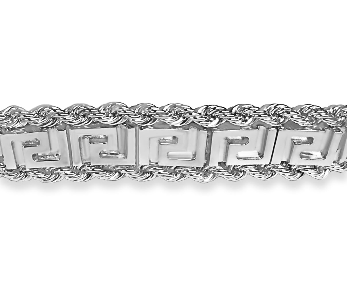 Rope & Greek Key Solid White/Yellow/Rose Gold Handmade Bracelet , 12mm, 6.5-10 Inch