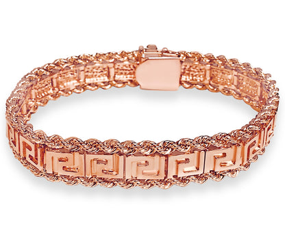 Rope & Greek Key Solid White/Yellow/Rose Gold Handmade Bracelet , 12mm, 6.5-10 Inch