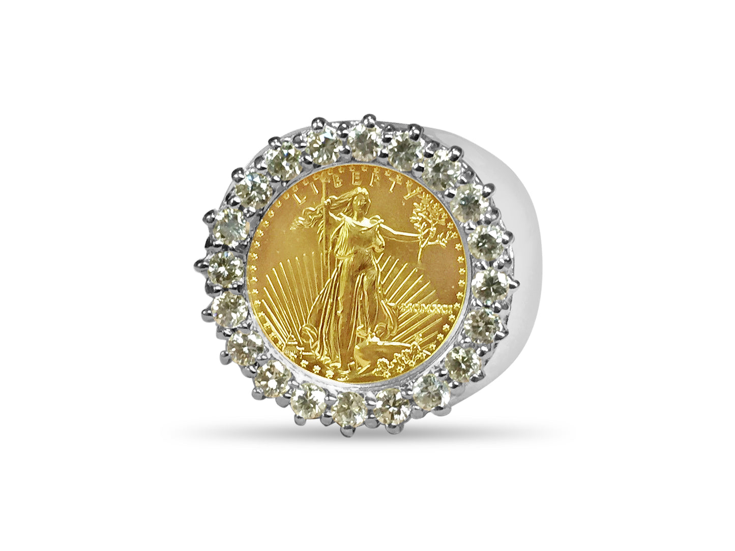 Diamond Fancy Solid White/Yellow/Rose Gold Handmade Coin Ring , 1/10oz Coin ,