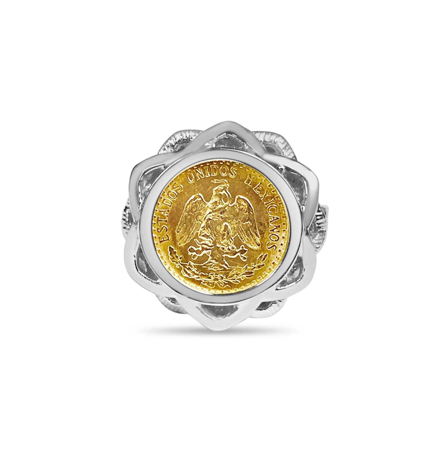 Fancy Ladies Solid White/Yellow/Rose Gold Handmade Coin Ring , Dos Pesos Coin ,