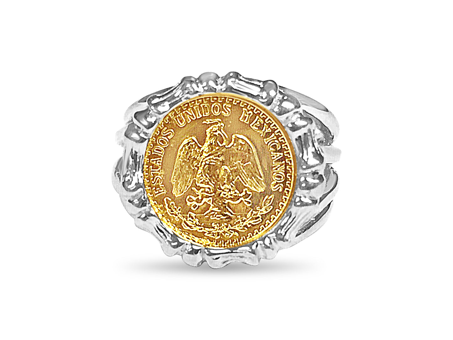 Fancy Solid White/Yellow/Rose Gold Handmade Coin Ring , Dos Pesos Coin ,