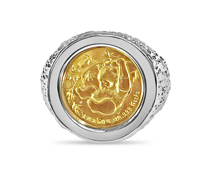 Nugget Solid White/Yellow/Rose Gold Handmade Coin Ring , Chinese Panda Bear Coin ,