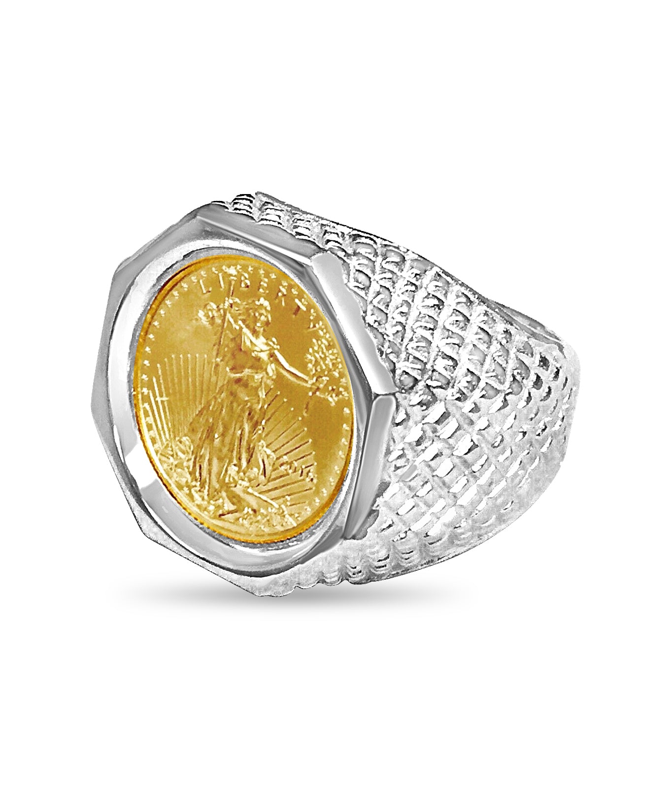 Fancy Solid White/Yellow/Rose Gold Handmade Coin Ring , 1/10oz Coin ,