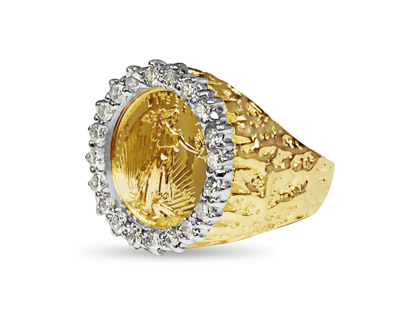 Diamond Nugget Solid White/Yellow/Rose Gold Handmade Coin Ring , 1/10oz Coin ,