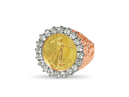 Diamond Nugget Solid White/Yellow/Rose Gold Handmade Coin Ring , 1/10oz Coin ,