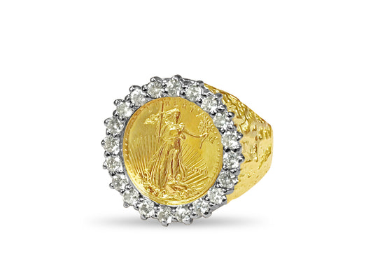 Diamond Nugget Solid White/Yellow/Rose Gold Handmade Coin Ring , 1/10oz Coin ,