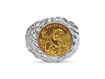 Fancy Solid White/Yellow/Rose Gold Handmade Coin Ring , Chinese Panda Bear Coin ,