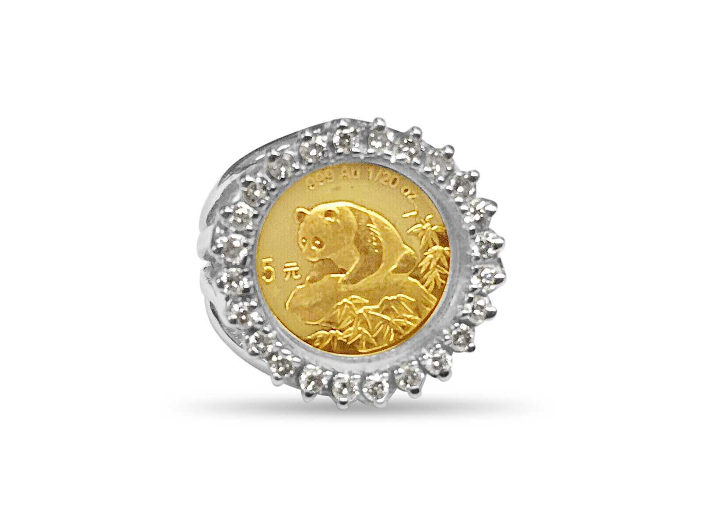 Diamond Fancy Ladies Solid White/Yellow/Rose Gold Handmade Coin Ring , Chinese Panda Bear Coin ,