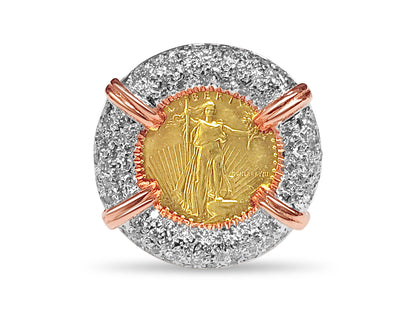 Diamond Fancy Solid White/Yellow/Rose Gold Handmade Coin Ring , 1/10oz Coin ,