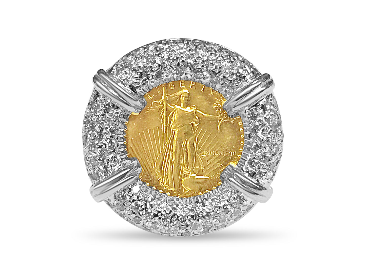 Diamond Fancy Solid White/Yellow/Rose Gold Handmade Coin Ring , 1/10oz Coin ,