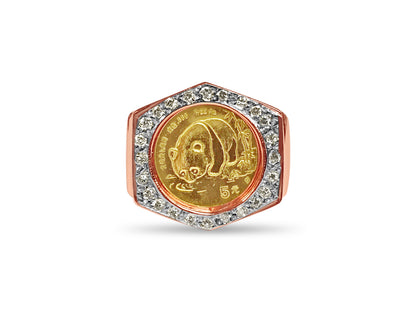 Diamond Fancy Solid White/Yellow/Rose Gold Handmade Coin Ring , Chinese Panda Bear Coin ,