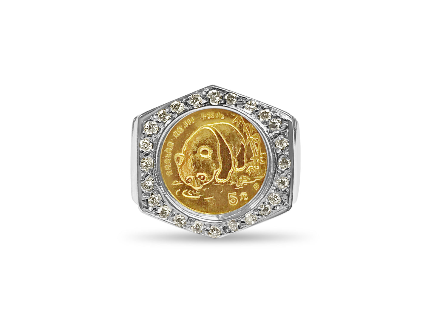 Diamond Fancy Solid White/Yellow/Rose Gold Handmade Coin Ring , Chinese Panda Bear Coin ,