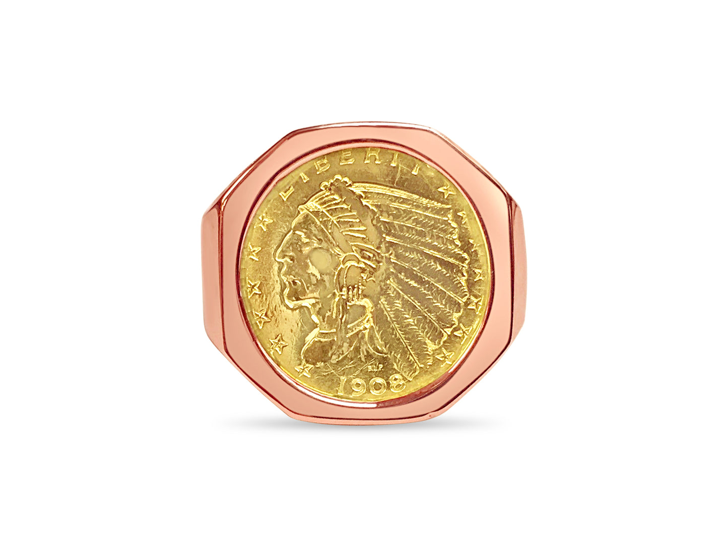 Fancy Solid White/Yellow/Rose Gold Handmade Coin Ring , Indian Head Coin ,