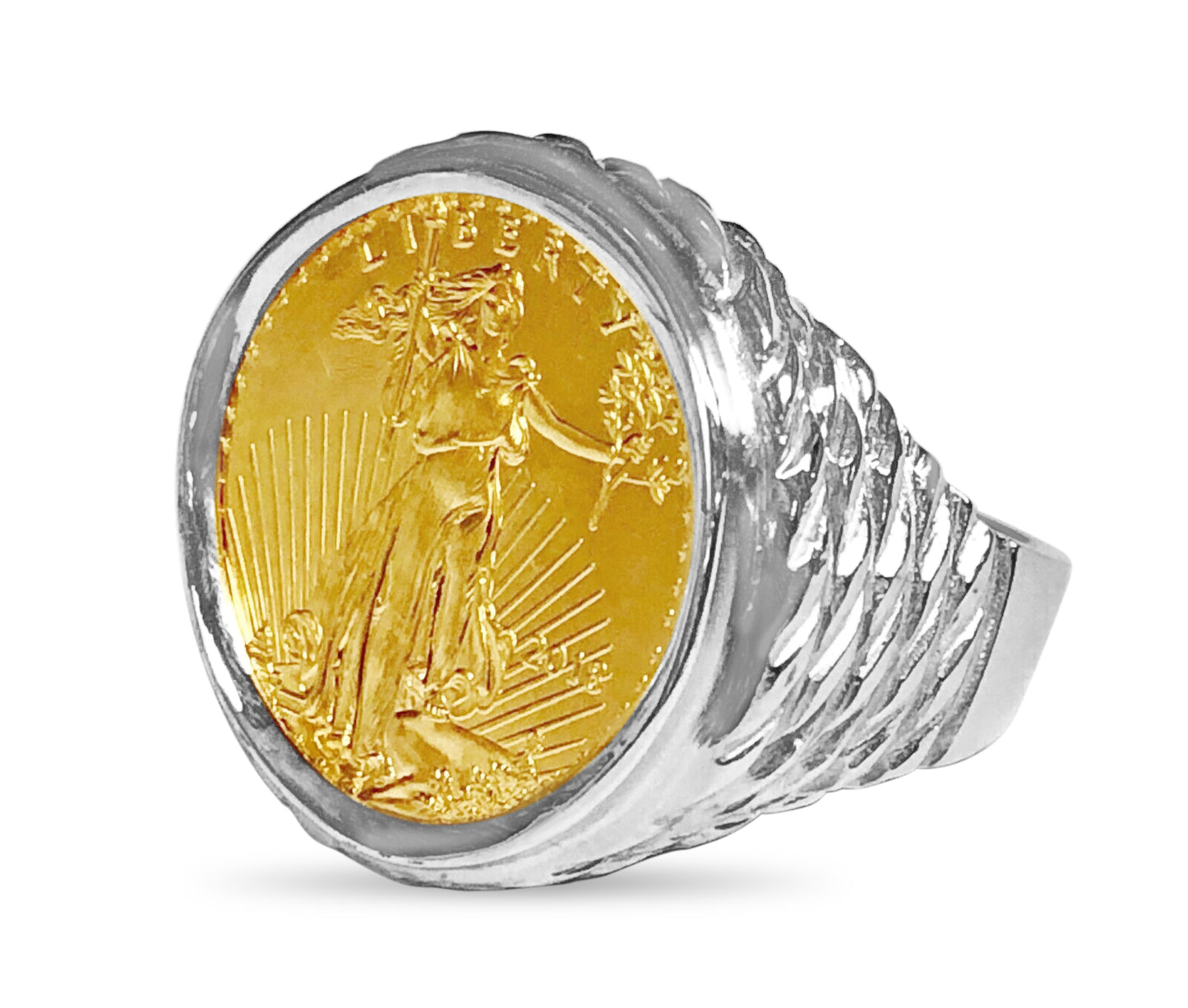 Fancy Solid White/Yellow/Rose Gold Handmade Coin Ring , 1/4oz Coin ,