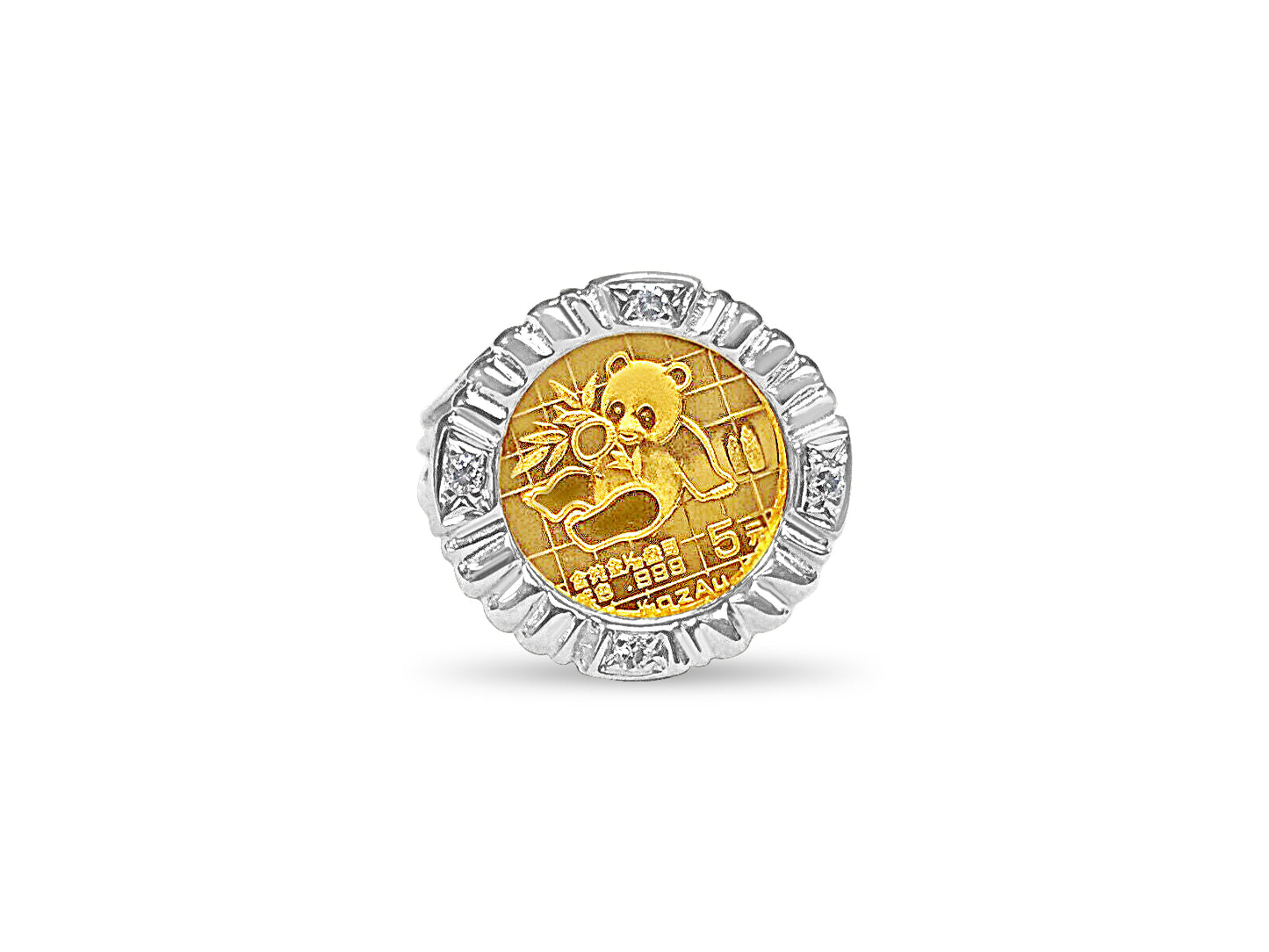 Diamond Fancy Solid White/Yellow/Rose Gold Handmade Coin Ring , Chinese Panda Bear Coin ,