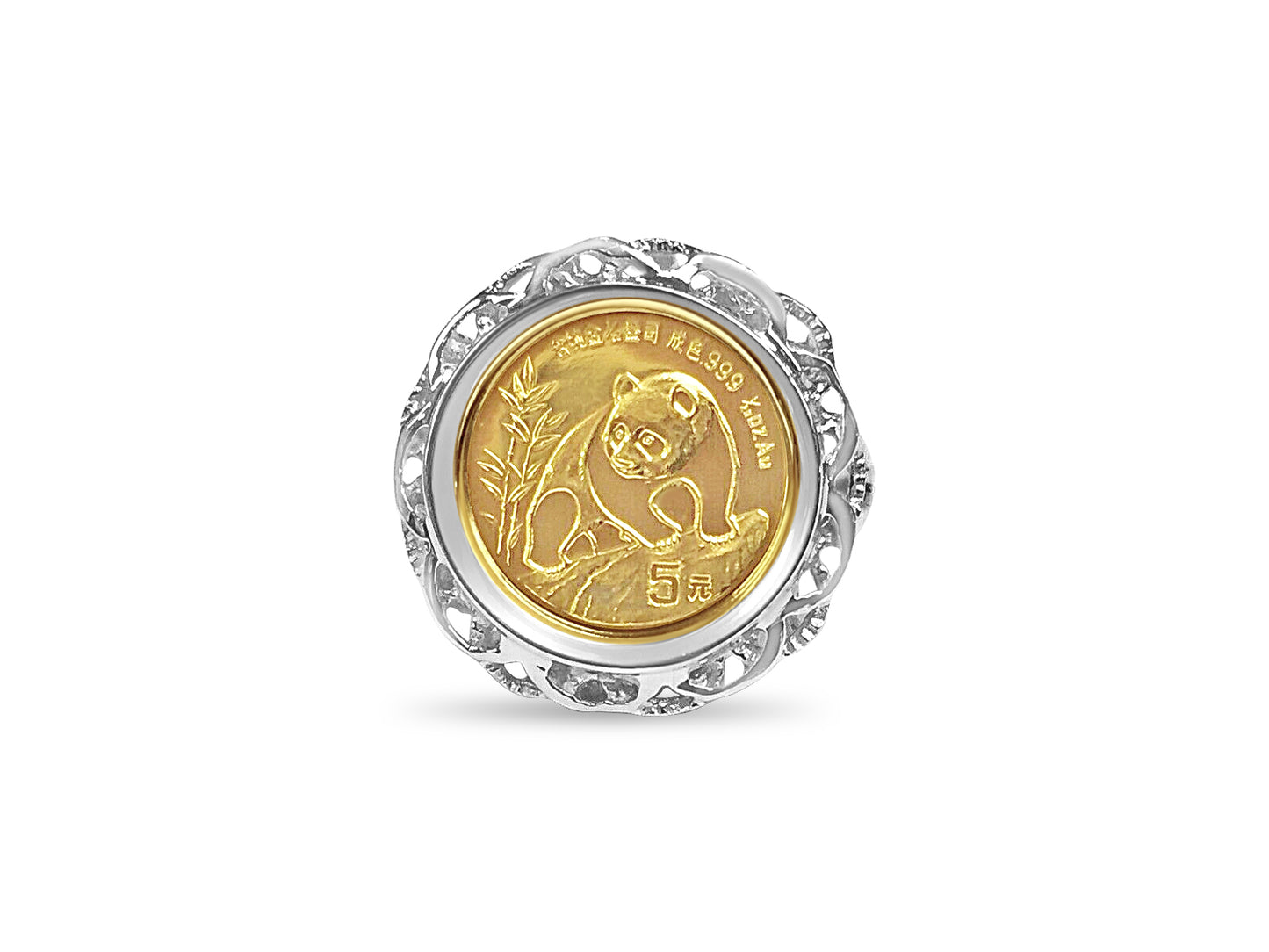 Fancy Solid White/Yellow/Rose Gold Handmade Coin Ring , Chinese Panda Bear Coin ,