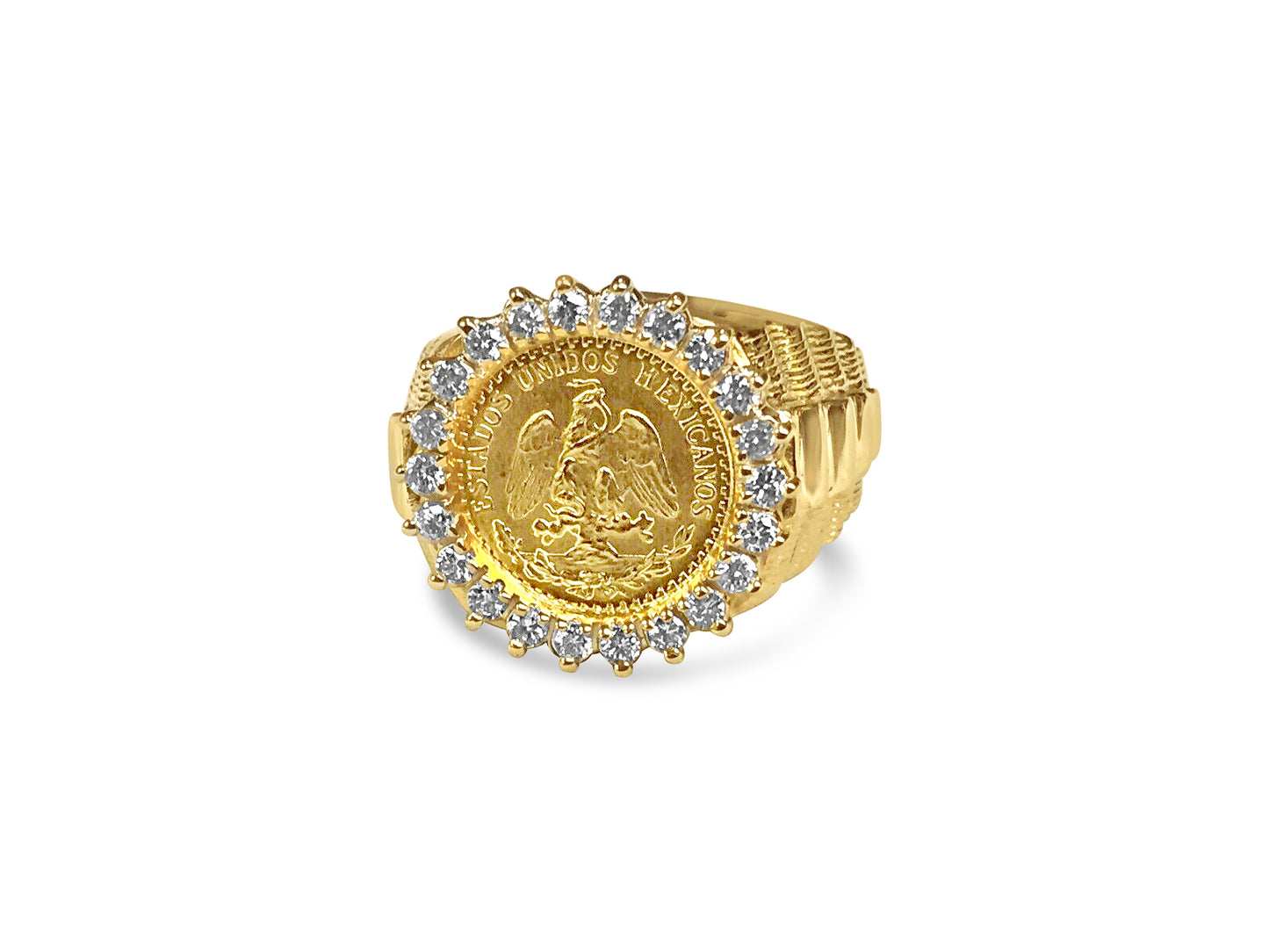 Diamond Fancy Solid White/Yellow/Rose Gold Handmade Coin Ring , Dos Pesos Coin ,