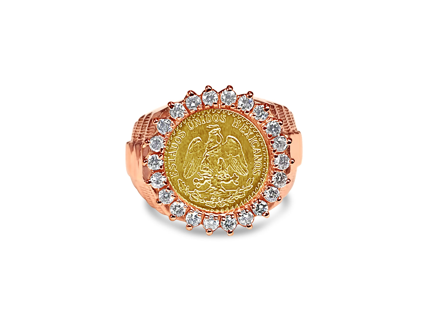 Diamond Fancy Solid White/Yellow/Rose Gold Handmade Coin Ring , Dos Pesos Coin ,