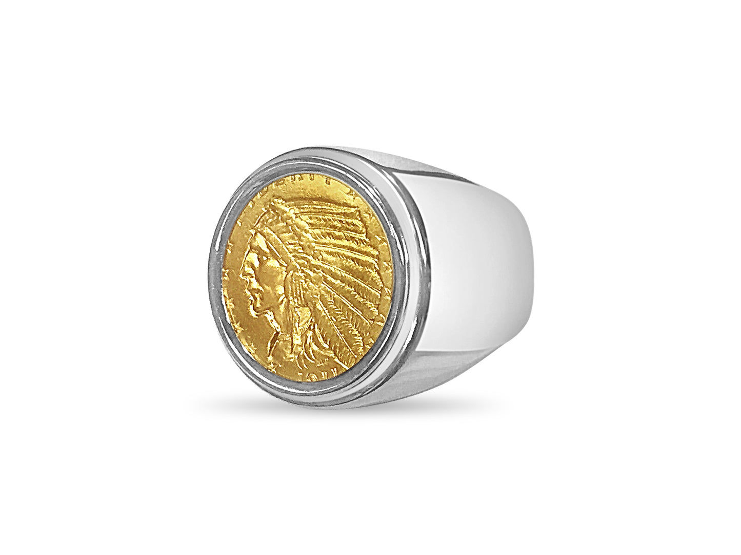 Fancy Solid White/Yellow/Rose Gold Handmade Coin Ring , Indian Head Coin ,