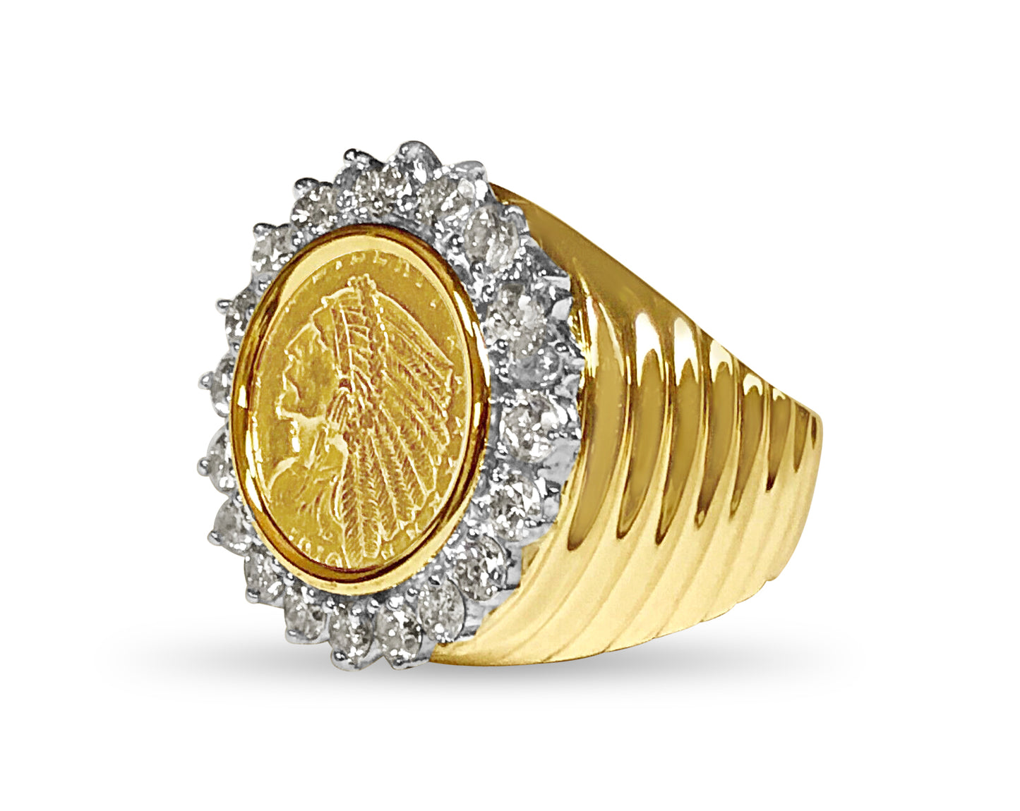 Diamond Fancy Solid White/Yellow/Rose Gold Handmade Coin Ring , Indian Head Coin ,