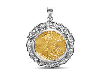 Diamond Fancy Solid White/Yellow/Rose Gold Handmade Coin Pendant , 1/4oz Coin ,