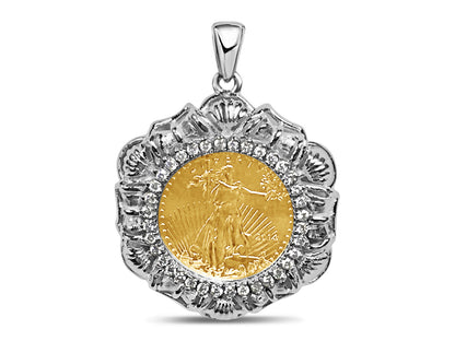 Diamond Fancy Solid White/Yellow/Rose Gold Handmade Coin Pendant , 1/4oz Coin ,