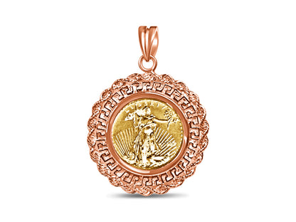 Greek Key Rope Frame Solid White/Yellow/Rose Gold Handmade Coin Pendant , 1/4oz Coin , 32.5x45mm