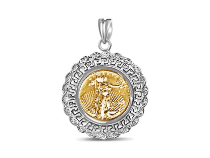 Greek Key Rope Frame Solid White/Yellow/Rose Gold Handmade Coin Pendant , 1/4oz Coin , 32.5x45mm