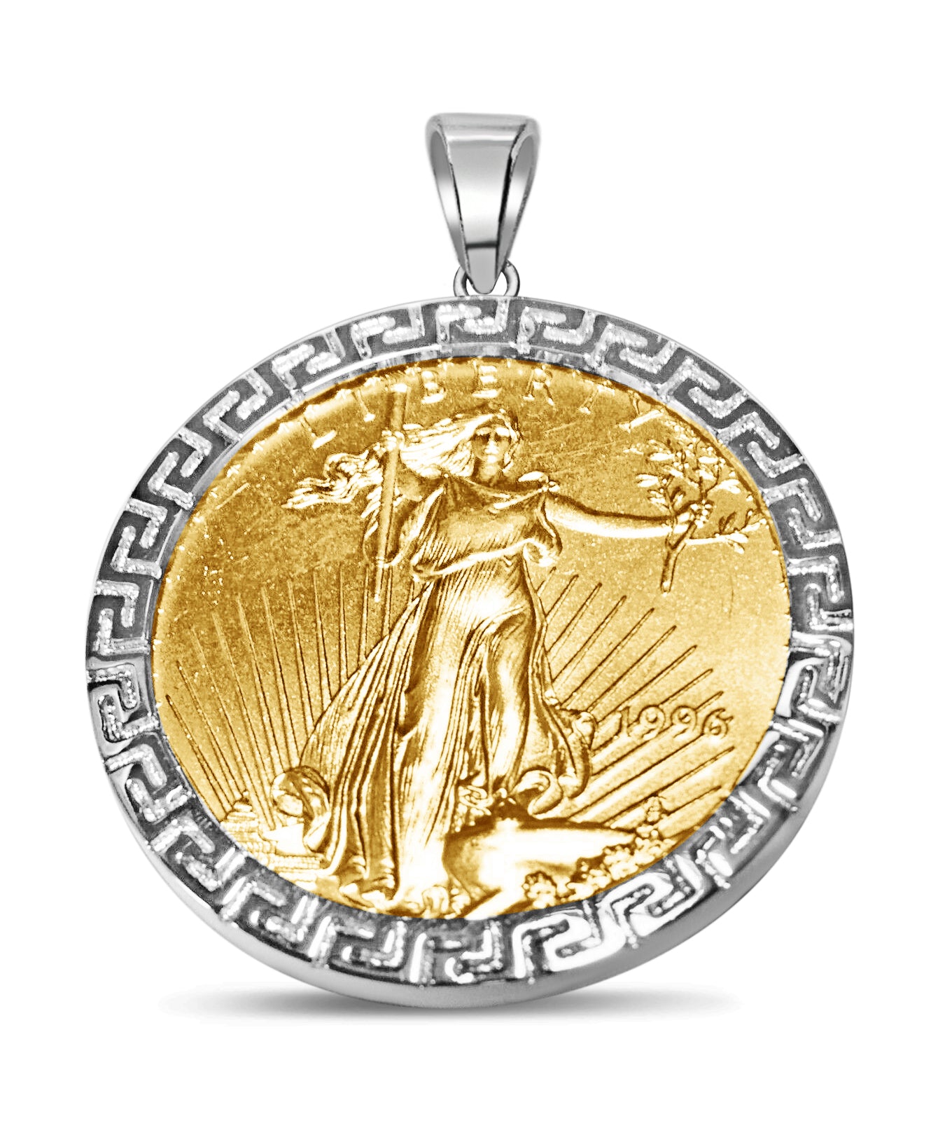 Greek Key Frame Solid White/Yellow/Rose Gold Handmade Coin Pendant , 1oz Coin , 32mm