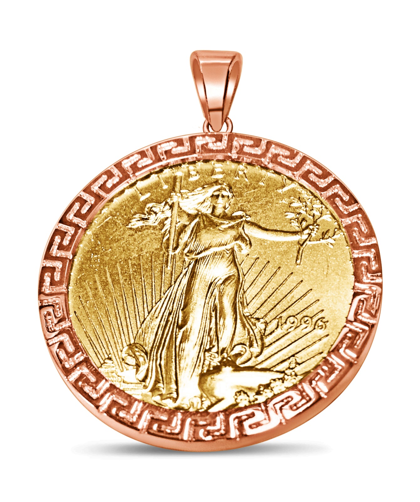 Greek Key Frame Solid White/Yellow/Rose Gold Handmade Coin Pendant , 1oz Coin , 32mm