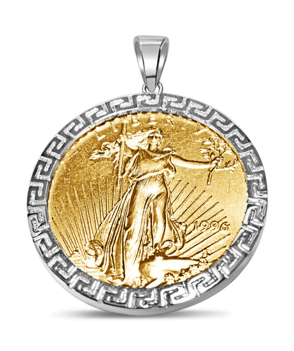 Greek Key Coin Frame Solid White/Yellow/Rose Gold Handmade Coin Pendant ,