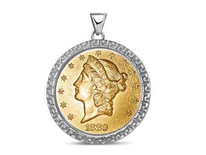 Greek Key Frame Solid White/Yellow/Rose Gold Handmade Coin Pendant , 1oz Coin , 27mm