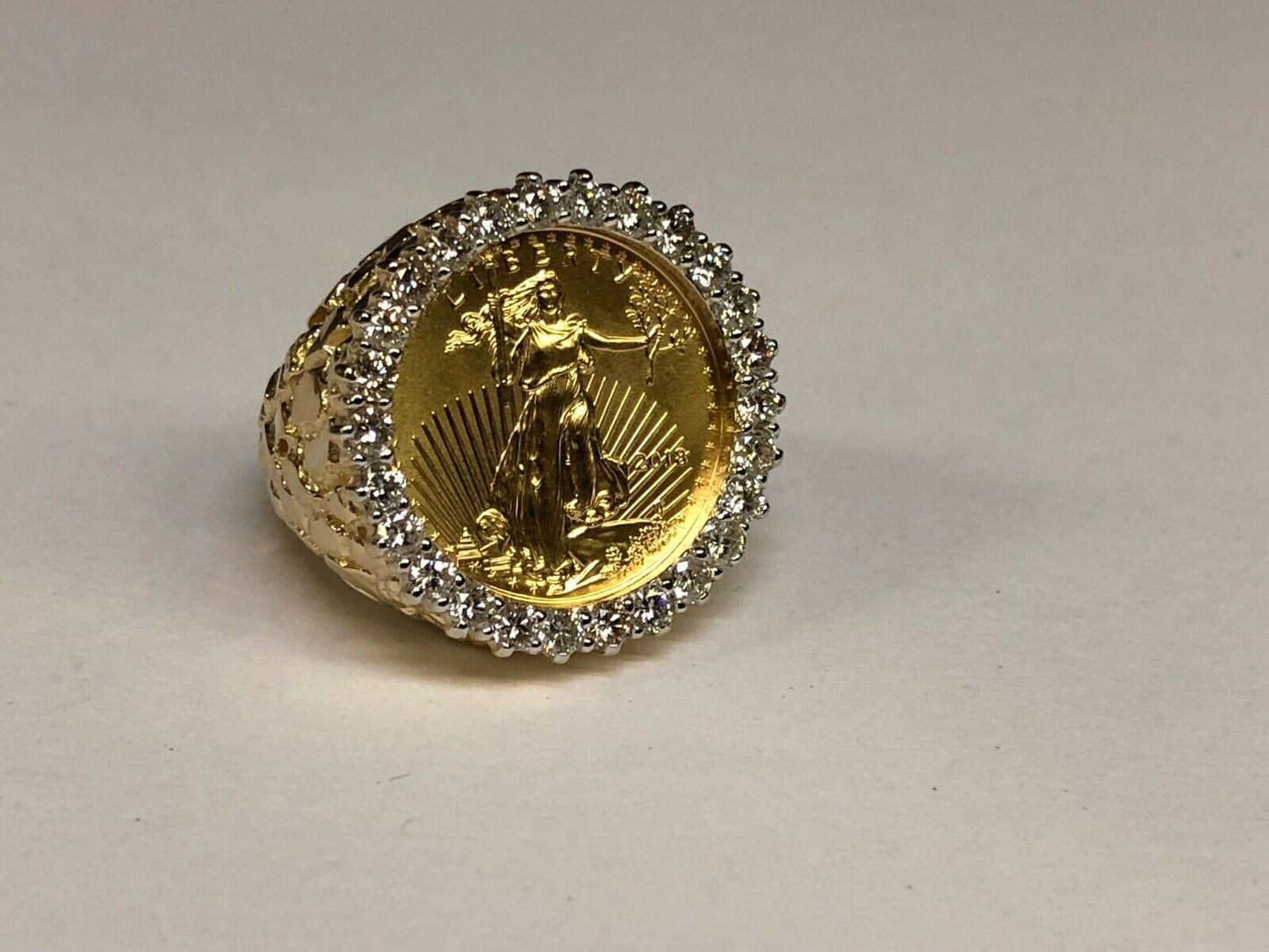 Diamond Nugget Solid White/Yellow/Rose Gold Handmade Coin Ring , 1/4oz Coin ,